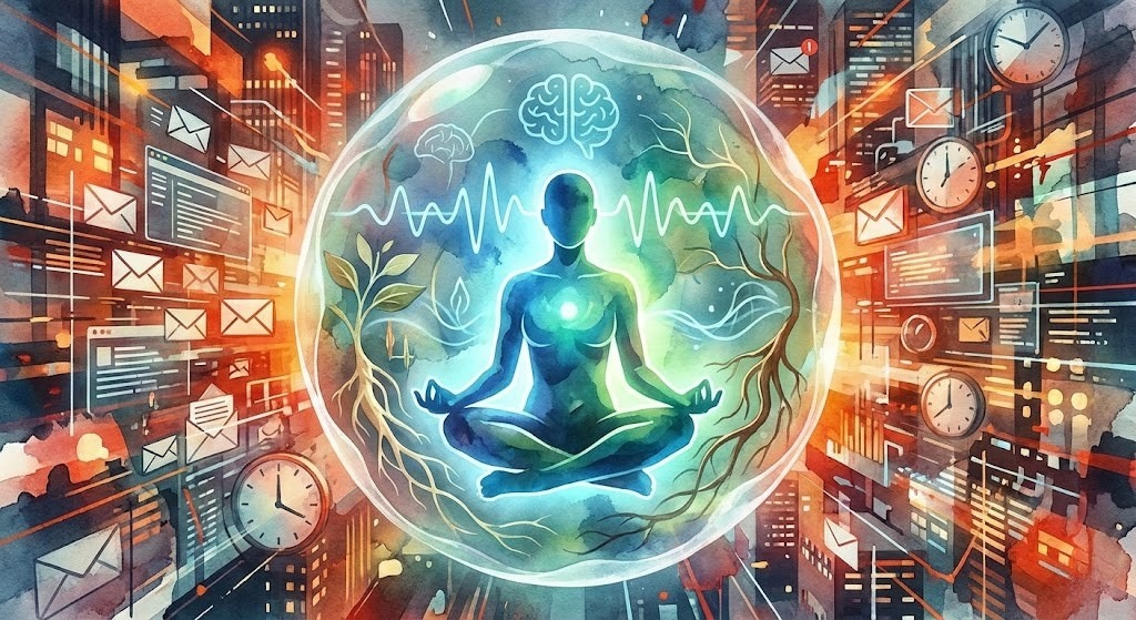 Abstraktní vizuál flow state, klidný člověk v rušném prostředí